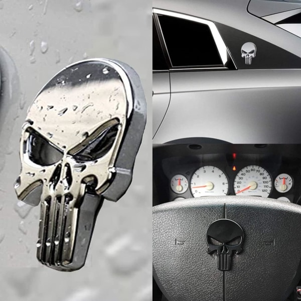 Pieces 3D-metalldekaler för fordon, Skull Punisher Motorcykelfordonsdekal, Silver och svart Punisher-dekal för dekoration av bilar, lastbilar