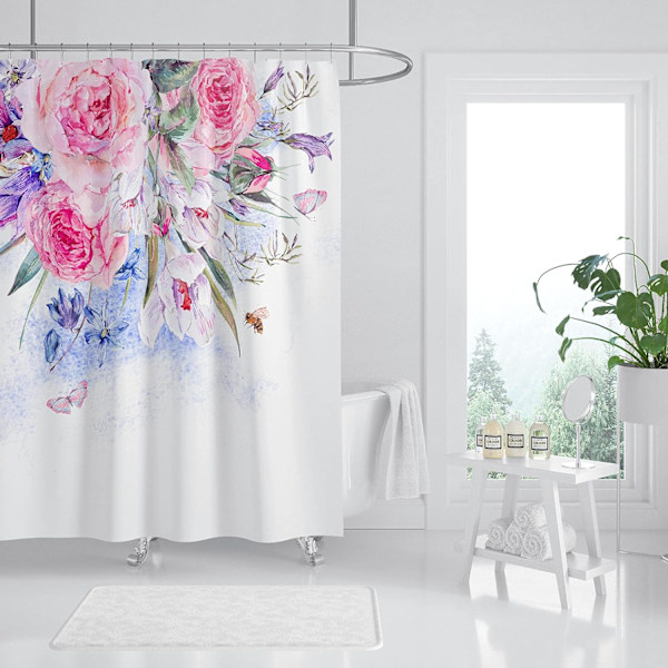 Pink Leaf Bruseforhængssæt, Æstetiske Blade Badeværelse Dekorative 72 X 72 Tommer Polyester Vandtæt Stof Badeforhæng med Kroge