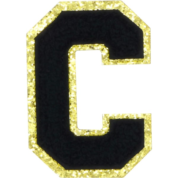 Engelska bokstaven C Stryk på reparationslappar Alfabetsömnad Applikationer Klädmärken, med guldglitterkant, självhäftande bakdekal（svart C）CBlack