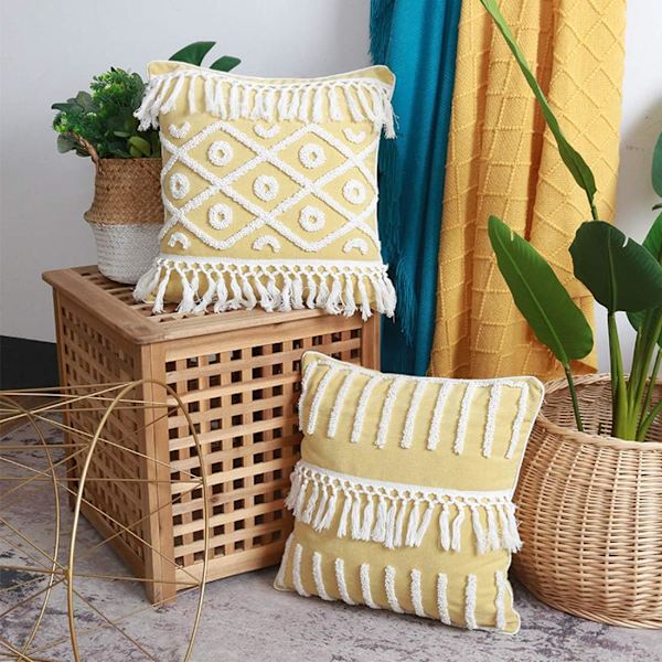Boho Tufted Fringe Pudebetræk Dekorative Geometriske Mønster Kvadratiske Pudebetræk (Geometrisk C, 18\"x18\")