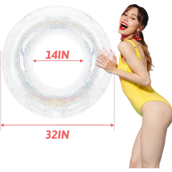 Innerslangar för pool vuxen, simring med konfettiglitter, sommarpool transparenta uppblåsbara slangar för vuxna barn (blå+silver)