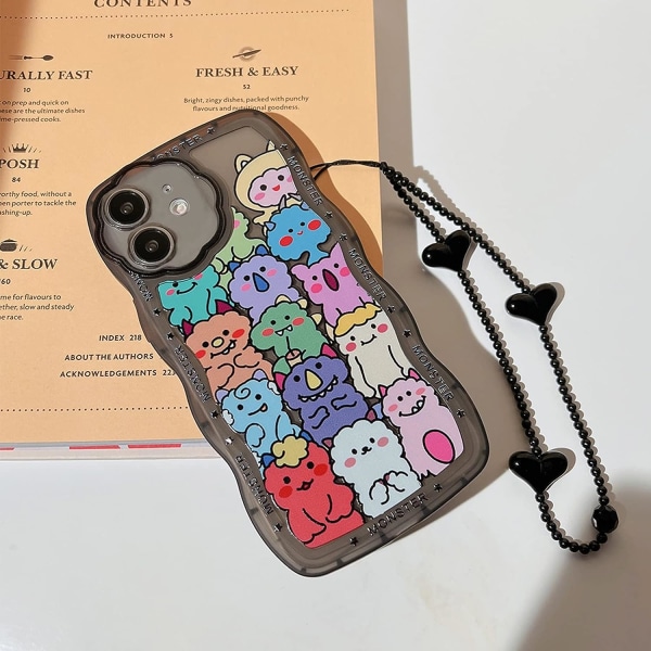 Compatible for iPhone 12 Case, Cute Clear Cartoon Bear Animal with Heart Beaded Lanyard Wrist Strap for Women Girly, Soft TPU- Monster