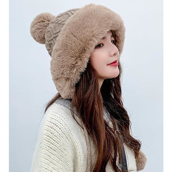 Winter Pompom Beanie Hats for Women Fluffy Knit Womens Beanie Faux Fur Crochet Skull Cap Warm Bucket Outdoor Ear Cover