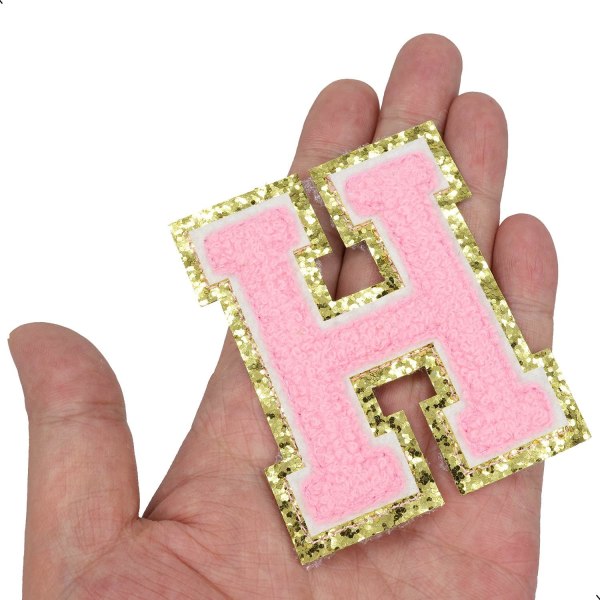 Engelska bokstaven H Stryk på reparationslappar Alfabetsömnad Applikationer Klädmärken, med guldglitterkant, självhäftande bakre klistermärke (Rosa H）HPink