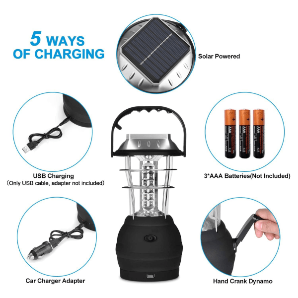 Solcellelygte, Ultra Bright LED Campinglampe, 2 Justerbare Lystilstande, 5 Opladningsmetoder, med Håndsving Dynamo, Lang