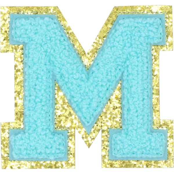 Engelska bokstaven M Stryk på reparationslappar Alfabetsömnad Applikationer Klädmärken, med guldglitterkant, självhäftande bakdekal（Blå M）MBlue