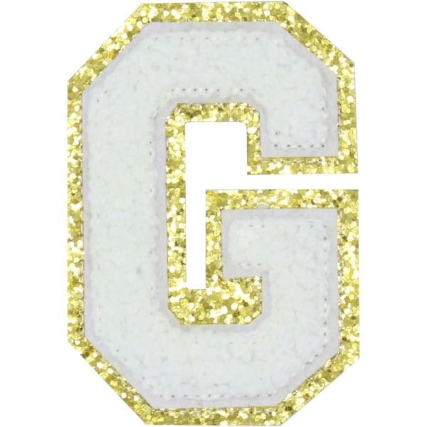 Engelsk bogstav G Stryg på reparationslapper Alfabetsyning Applikationer Tøjmærker, med guldglitterkant, selvklæbende bagklistermærke（Hvid G）GWhite