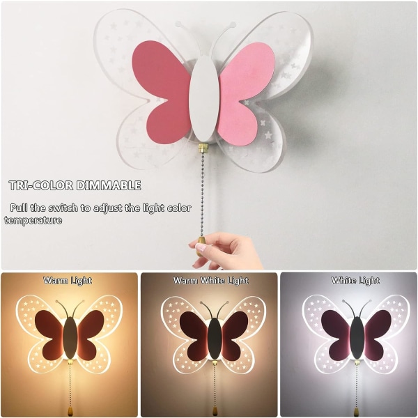 LED Wall Sconce Indoor with on/Off Switch, Children's Room Decor Bedside Wall Lamp Dimmable 3 Colors Changeable 16W Creative 3D Butterfly