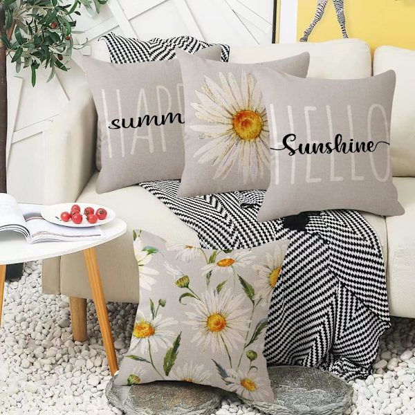Sommerputetrekk 18x18 Sett med 4 Gårdshus Pynteputer i Lin Blomstermønster Dekorativt Putetrekk for Sofa Seng Utendørs (18\" x 18\", Grå)