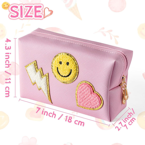 Preppy Patch Liten toalettväska Smile Lightning Heart PU-läder Bärbar Vattentät Makeup Kosmetikväska Daglig användning Förvaring