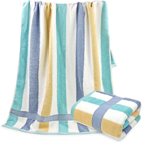 Färgglad badhandduksset med 2 - Mjuka lätta duschhanddukar för badrum, stora randiga poolstrandbadhanddukar 55” x 27,5”, Aqua Blue