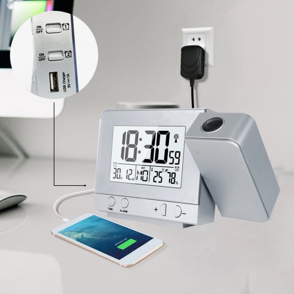 Projektionsväckarklocka för sovrum, stor väckarklocka med projektion på taket med USB-port, batteribackup - silver