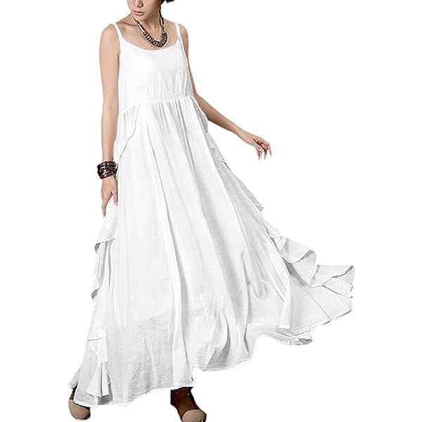 2023 Sommerkjoler til kvinder Solid Casual Loose Bohemian Kjole Spaghetti Stropper Maxi Kjole M01