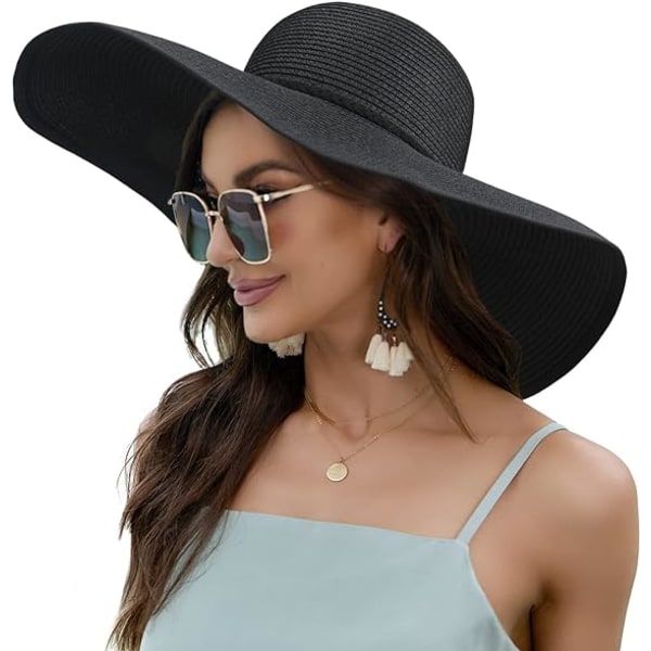 Kvinnors bredbrättade solhatt UPF50 halm sommarhatt floppy strandhatt rullas upp