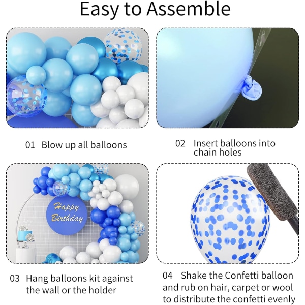Blå ballongbue, 115 stk. mørkeblå, lyseblå, hvite metalliske konfetti blå lateksballonger, 5 10 12 18 tommer forskjellige størrelser
