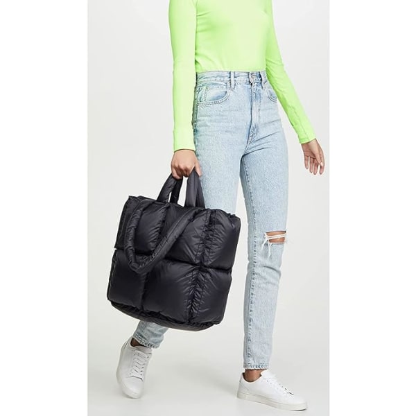 Puffer mulepose, trendy luksus chic quiltet bomuld polstret designer håndtasker til kvinder, vinter blød puffer skuldertaske. SORT