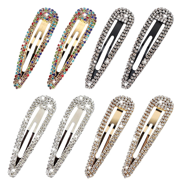 8 stk. hårklemmer med rhinsten, vanddråbe krystal hårspænder, bling metal snap duckbill hårnåle, glitter hårnål, sort