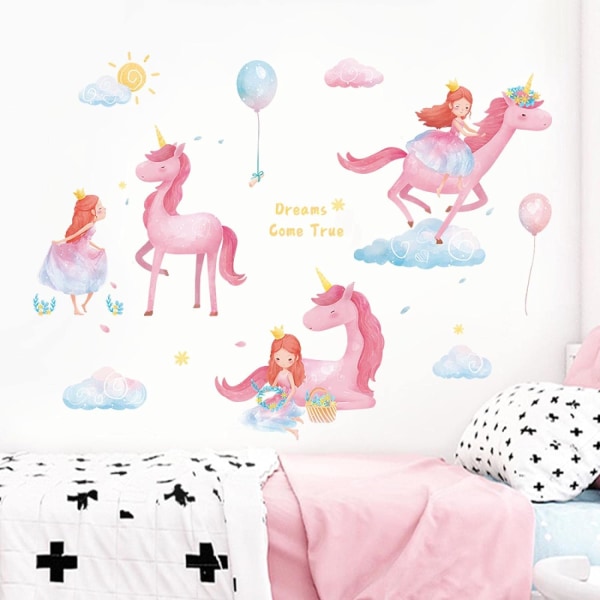Pink Unicorn Wall Stickers Girls Bedroom Wall Decor Decals Pretty Princess Cartoon Wall Sticker for Kids Room Baby Room Decor - -