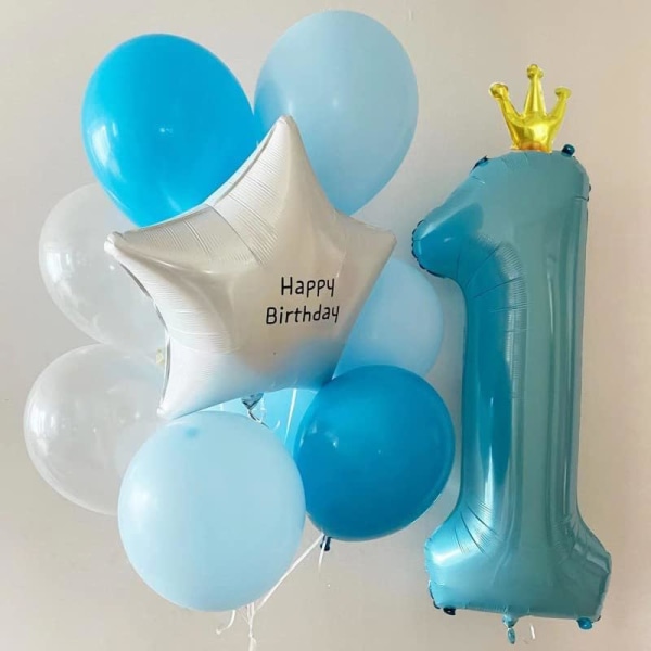 Blå krona nummer 1 ballong, 40'' stort nummer folieballong med latexballonger, 1:a födelsedag (blå 1)