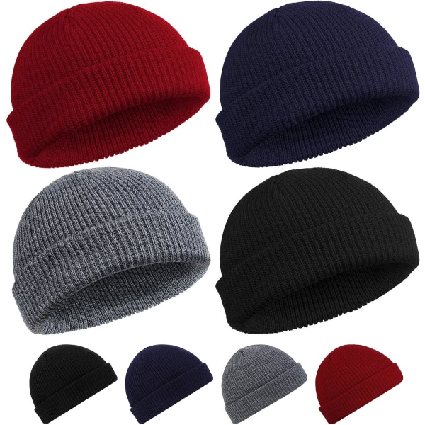 Heyone 4 Pieces Trawler Beanie Watch Hat Roll up Edge Skullcap Fisherman Beanie Unisex