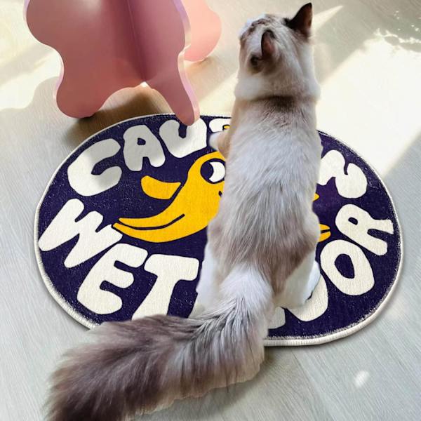 Badeværelsestæppe, Cartoon Bademåtte The Caution Wetfloor Bademåtte, Sød Oval Bademåtte, Interessant Bademåtte, Plys Absorberende, 23,6”x35,4”