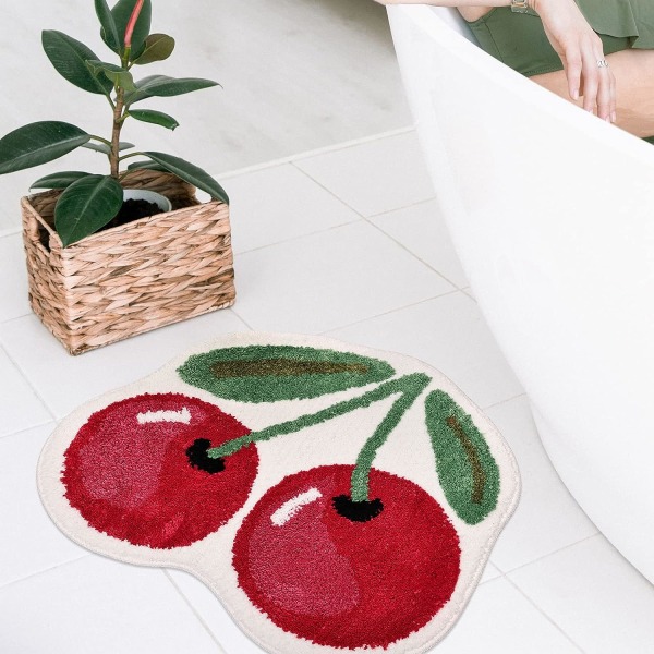 Cherry Cute Bath Mat for Bathroom, Luxury Funky Bathroom Mats Non Slip Cute Fruit Shaped Absorbent Bathtub