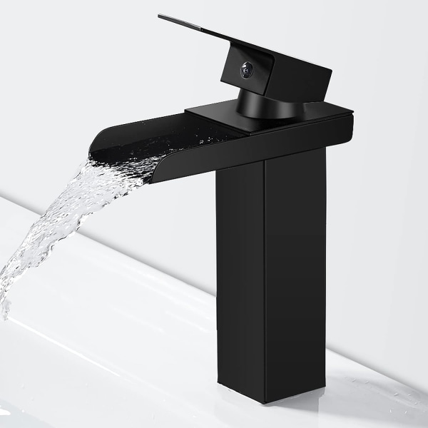 Modern svart vattenfallsvattenkran, vattenfallsblandare, tvättställsblandare med piphöjd 140 mm, G 3/8