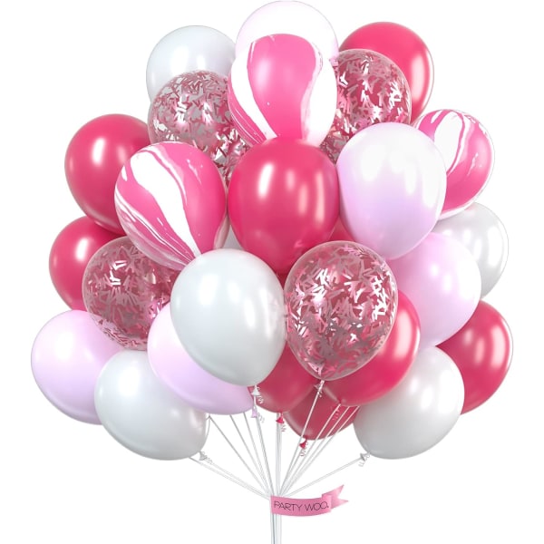 Rosa ballonger, 70 st festballonger, varmrosa ballonger, konfettiballonger, rosa och vita ballonger, rosa festdekorationer, 1:a födelsedag
