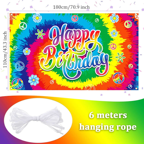 Tie Dye Födelsedagsbann 60-tal Tema Grattis på Födelsedagen Bakgrund?Hippie Födelsedagsfest Dekorationer Groovy Skylt Regnbåge, 70.8 x 43.3 Tum