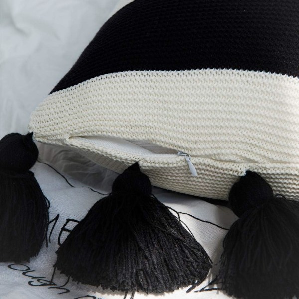 Stribet bomuldsstrikket pudebetræk med pompom-kvast til sofa, seng, stue (sort C, 33 x 66 cm)