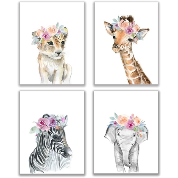 Baby akvarell djur blommiga väggkonsttryck, 8"x12" tigerelefant Zebra giraff med krans på huvudet (set med 4, utan ram)