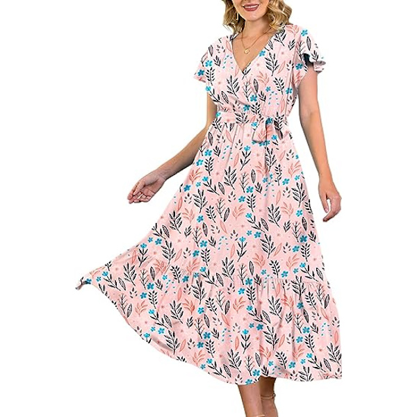 Sommarklänningar för kvinnor, wrap V-ringning, casual, lös, bohemisk blommig klänning, kortärmad, bältad, volang, A-linje, klänning EP1
