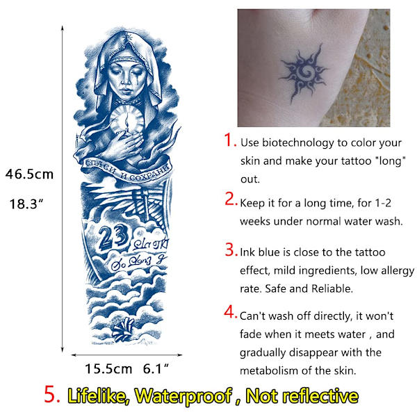 Semi-permanente tatoveringer, 3-pak store fuld arm ærme midlertidige tatovering til mænd kvinder voksne, langtidsholdbare falske tatoveringer
