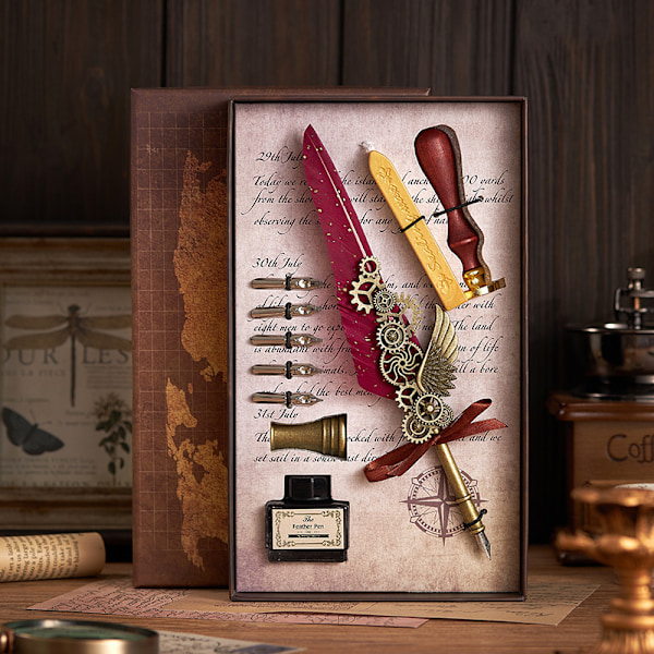 Peacock Mechanical Punk Style Wings Pen Dip Ink Set (Excluding Notebook/Notepad) Vinröd
