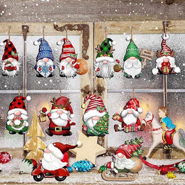 Julepynt, 24 stk julegnom i tre, hengende ornamenter, trehengende dekor for juletrepynt, nisse, julenisse
