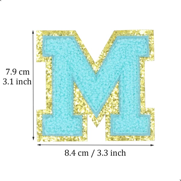 Engelska bokstaven M strykjärnsapplikationer lagningslappar alfabet sömnadsapplikationer klädmärken, med guldglitterkant, självhäftande baksida (blå M) MBlue