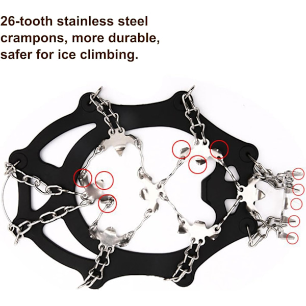 FOGARI Grödel Crampons Bergskor 26 Tänder Tjockt Rostfritt Stål Skoskydd Halksäkra Skostudsar för Män Kvinnor Vuxna Passar black L