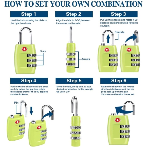 Bagagelås (4-pack) - 3-siffriga kombinationslås - Godkända reslås för resväskor och bagage (Grön1)