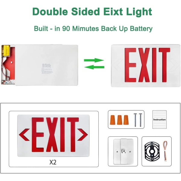 Rødt LED-udgangsnødskiltlys - Standard - Batteribackup, Dobbelt LED-lampe ABS Brandmodstand UL-listet 120-277V (RØDT UDGANGSKILT)