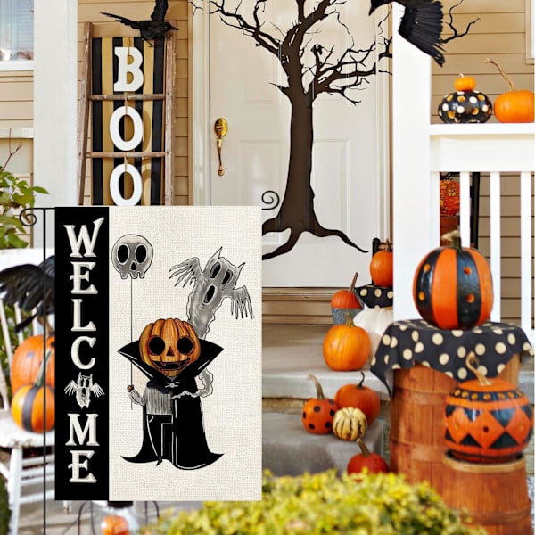 Kaksisuuntainen kausipuutarhalippu, 12x18 tuumaa, tervetuloa kevään juhlapyhiin, pieni pihalippu ulkokoristeisiin (halloween-luuranko)
