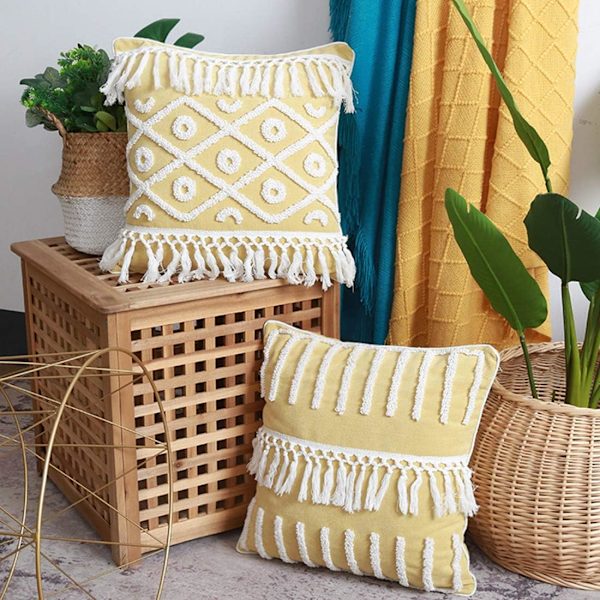 Boho Tufted Fringe Throw Pillow Covers Dekorativa Geometriska Mönster Kvadratiska Kuddfodral Örngott(Geometrisk A, 18\"x18\")