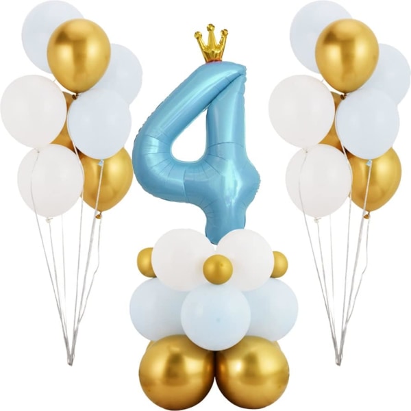 Blå krona nummer 4 ballong, 40'' stort nummer folieballong med latexballonger, 4-årsdag (blå 4)