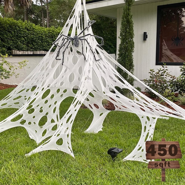 450 kvm spindelnät Halloween dekorationer, stretchig nötkött nät Halloween spindelnät, läskiga spindelnät dekorationer