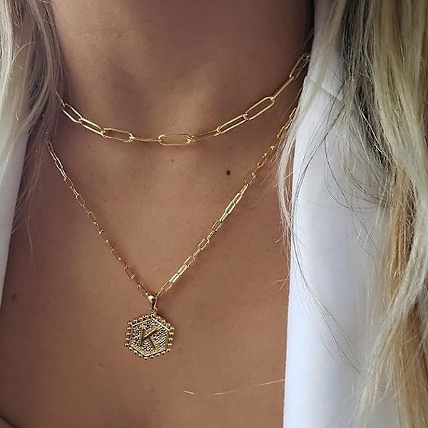 Flotte lagdelte halskjeder med initialer for kvinner, trendy, 14K ekte gullbelagt bindersklipskjede, søtt heksagonformet bokstavanheng, choker med initialer