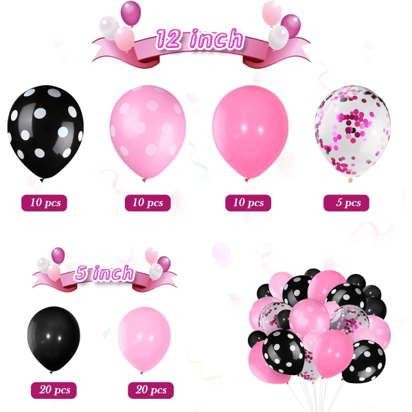 75 stycken musfärgade ballonger konfettiballonger prickiga ballonger latex partyballonger ballonggirlang för Halloween babyshower (rosa, svart)