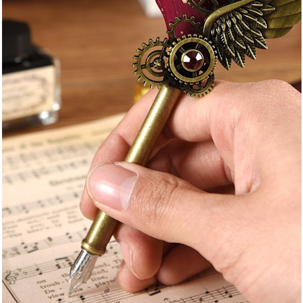 Peacock Mechanical Punk Style Wings Pen Dip Ink Set (Excluding Notebook/Notepad) Vinröd