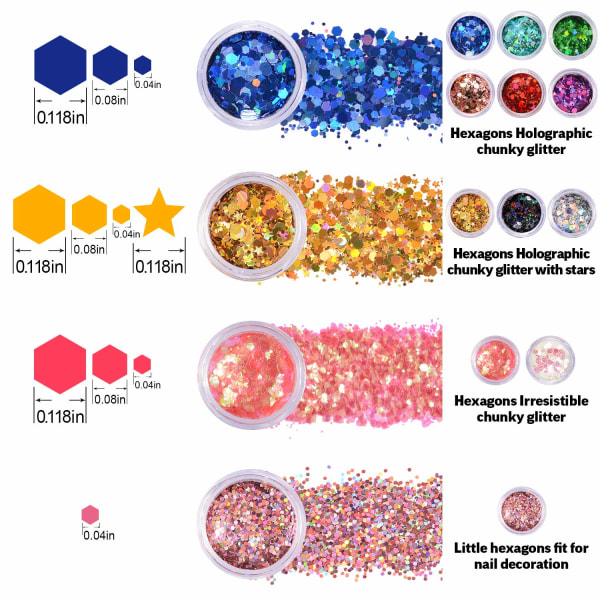 Holographic Glitter 12 Colours, 120G Face Body Eyes Hair Chunky Different Sizes, Stars And Hexagonal Shapes