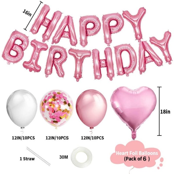 Födelsedag Dekoration Flicka Happy Birthday Girlang Ballonger Födelsedag Dekoration Set Med Rosa Ballonger, Silkespapper Pompoms Rosa