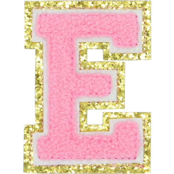 Engelska bokstaven E Stryk på reparationslappar Alfabetsömnad Applikationer Klädmärken, med guldglitterkant, självhäftande bakdekal (rosa E) EPink
