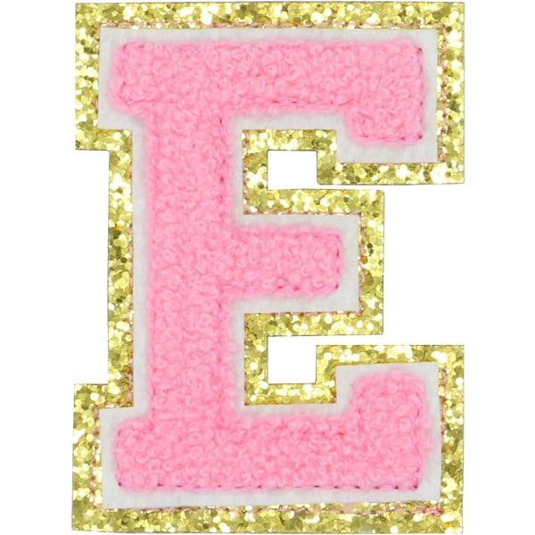 Engelske bogstav E stryge på reparationsplaster alfabet sy applikationer tøj badges, med guld glitter kant, klæbende bagside klistermærke（Pink E）EPink